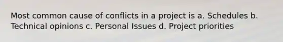 Most common cause of conflicts in a project is a. Schedules b. Technical opinions c. Personal Issues d. Project priorities