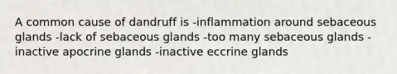 A common cause of dandruff is -inflammation around sebaceous glands -lack of sebaceous glands -too many sebaceous glands -inactive apocrine glands -inactive eccrine glands