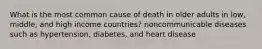 What is the most common cause of death in older adults in low, middle, and high income countries? noncommunicable diseases such as hypertension, diabetes, and heart disease