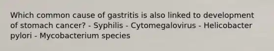 Which common cause of gastritis is also linked to development of stomach cancer? - Syphilis - Cytomegalovirus - Helicobacter pylori - Mycobacterium species