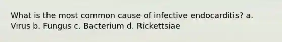 What is the most common cause of infective endocarditis? a. Virus b. Fungus c. Bacterium d. Rickettsiae