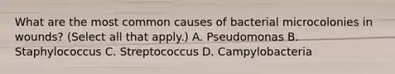 What are the most common causes of bacterial microcolonies in​ wounds? ​(Select all that​ apply.) A. Pseudomonas B. Staphylococcus C. Streptococcus D. Campylobacteria