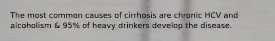 The most common causes of cirrhosis are chronic HCV and alcoholism & 95% of heavy drinkers develop the disease.