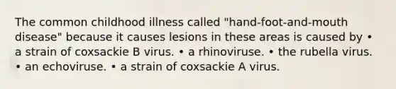 The common childhood illness called "hand-foot-and-mouth disease" because it causes lesions in these areas is caused by • a strain of coxsackie B virus. • a rhinoviruse. • the rubella virus. • an echoviruse. • a strain of coxsackie A virus.