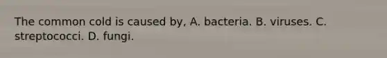 The common cold is caused by, A. bacteria. B. viruses. C. streptococci. D. fungi.