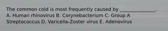 The common cold is most frequently caused by _______________. A. Human rhinovirus B. Corynebacterium C. Group A Streptococcus D. Varicella-Zoster virus E. Adenovirus