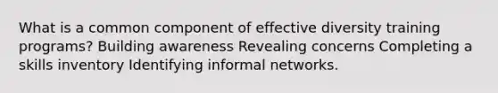 What is a common component of effective diversity training programs? Building awareness Revealing concerns Completing a skills inventory Identifying informal networks.