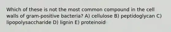 Which of these is not the most common compound in the cell walls of gram-positive bacteria? A) cellulose B) peptidoglycan C) lipopolysaccharide D) lignin E) proteinoid