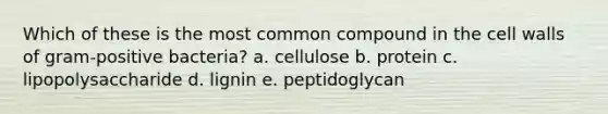 Which of these is the most common compound in the cell walls of gram-positive bacteria? a. cellulose b. protein c. lipopolysaccharide d. lignin e. peptidoglycan