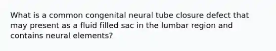 What is a common congenital neural tube closure defect that may present as a fluid filled sac in the lumbar region and contains neural elements?