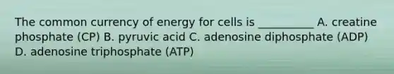 The common currency of energy for cells is __________ A. creatine phosphate (CP) B. pyruvic acid C. adenosine diphosphate (ADP) D. adenosine triphosphate (ATP)