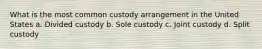 What is the most common custody arrangement in the United States a. Divided custody b. Sole custody c. Joint custody d. Split custody