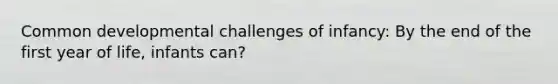 Common developmental challenges of infancy: By the end of the first year of life, infants can?