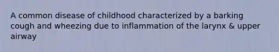 A common disease of childhood characterized by a barking cough and wheezing due to inflammation of the larynx & upper airway