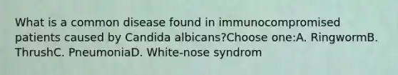 What is a common disease found in immunocompromised patients caused by Candida albicans?Choose one:A. RingwormB. ThrushC. PneumoniaD. White-nose syndrom