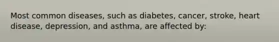 Most common diseases, such as diabetes, cancer, stroke, heart disease, depression, and asthma, are affected by: