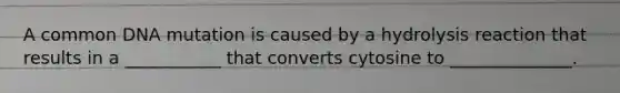 A common DNA mutation is caused by a hydrolysis reaction that results in a ___________ that converts cytosine to ______________.