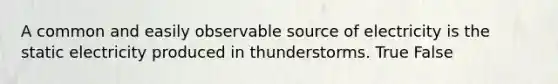 A common and easily observable source of electricity is the static electricity produced in thunderstorms. True False