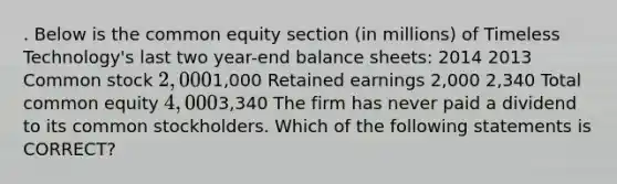 . Below is the common equity section (in millions) of Timeless Technology's last two year-end balance sheets: 2014 2013 Common stock 2,0001,000 Retained earnings 2,000 2,340 Total common equity 4,0003,340 The firm has never paid a dividend to its common stockholders. Which of the following statements is CORRECT?