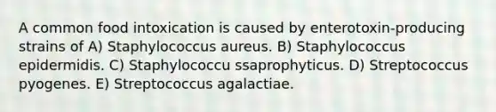 A common food intoxication is caused by enterotoxin-producing strains of A) Staphylococcus aureus. B) Staphylococcus epidermidis. C) Staphylococcu ssaprophyticus. D) Streptococcus pyogenes. E) Streptococcus agalactiae.