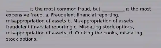 __________ is the most common fraud, but __________ is the most expensive fraud. a. Fraudulent financial reporting, misappropriation of assets b. Misappropriation of assets, fraudulent financial reporting c. Misdating stock options, misappropriation of assets, d. Cooking the books, misdating stock options.