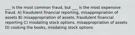 ___ is the most common fraud, but ___ is the most expensive fraud. A) fraudulent financial reporting, misappropriation of assets B) misappropriation of assets, fraudulent financial reporting C) misdating stock options, misappropriation of assets D) cooking the books, misdating stock options