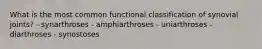 What is the most common functional classification of synovial joints? - synarthroses - amphiarthroses - uniarthroses - diarthroses - synostoses