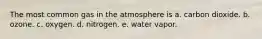 The most common gas in the atmosphere is a. carbon dioxide. b. ozone. c. oxygen. d. nitrogen. e. water vapor.