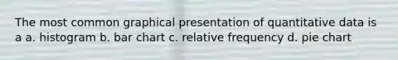 The most common graphical presentation of quantitative data is a a. histogram b. bar chart c. relative frequency d. pie chart