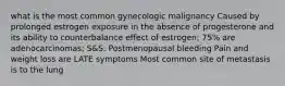 what is the most common gynecologic malignancy Caused by prolonged estrogen exposure in the absence of progesterone and its ability to counterbalance effect of estrogen; 75% are adenocarcinomas; S&S: Postmenopausal bleeding Pain and weight loss are LATE symptoms Most common site of metastasis is to the lung