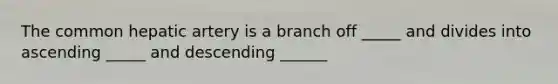 The common hepatic artery is a branch off _____ and divides into ascending _____ and descending ______