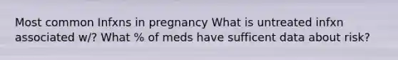 Most common Infxns in pregnancy What is untreated infxn associated w/? What % of meds have sufficent data about risk?