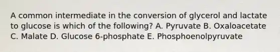 A common intermediate in the conversion of glycerol and lactate to glucose is which of the following? A. Pyruvate B. Oxaloacetate C. Malate D. Glucose 6-phosphate E. Phosphoenolpyruvate