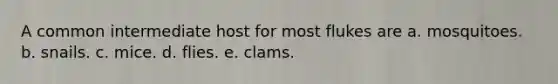 A common intermediate host for most flukes are a. mosquitoes. b. snails. c. mice. d. flies. e. clams.