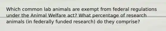 Which common lab animals are exempt from federal regulations under the Animal Welfare act? What percentage of research animals (in federally funded research) do they comprise?