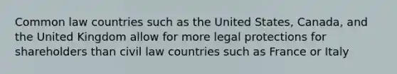 Common law countries such as the United States, Canada, and the United Kingdom allow for more legal protections for shareholders than civil law countries such as France or Italy