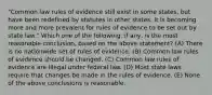 "Common law rules of evidence still exist in some states, but have been redefined by statutes in other states. It is becoming more and more prevalent for rules of evidence to be set out by state law." Which one of the following, if any, is the most reasonable conclusion, based on the above statement? (A) There is no nationwide set of rules of evidence. (B) Common law rules of evidence should be changed. (C) Common law rules of evidence are illegal under federal law. (D) Most state laws require that changes be made in the rules of evidence. (E) None of the above conclusions is reasonable.