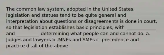 The common law system, adopted in the United States, legislation and statues tend to be quite general and interpretation about questions or disagreements is done in court, so that legislation establishes basic principles, with _____________ and __________ determining what people can and cannot do. a. Judges and lawyers b .MNEs and SMEs c .precedence and practice d .all of the above