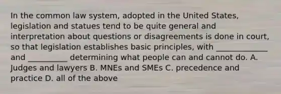 In the common law system, adopted in the United States, legislation and statues tend to be quite general and interpretation about questions or disagreements is done in court, so that legislation establishes basic principles, with _____________ and __________ determining what people can and cannot do. A. Judges and lawyers B. MNEs and SMEs C. precedence and practice D. all of the above
