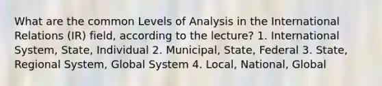 What are the common Levels of Analysis in the International Relations (IR) field, according to the lecture? 1. International System, State, Individual 2. Municipal, State, Federal 3. State, Regional System, Global System 4. Local, National, Global