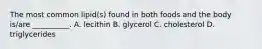 The most common lipid(s) found in both foods and the body is/are __________. A. lecithin B. glycerol C. cholesterol D. triglycerides