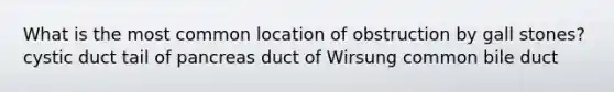 What is the most common location of obstruction by gall stones? cystic duct tail of pancreas duct of Wirsung common bile duct