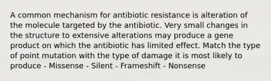 A common mechanism for antibiotic resistance is alteration of the molecule targeted by the antibiotic. Very small changes in the structure to extensive alterations may produce a gene product on which the antibiotic has limited effect. Match the type of point mutation with the type of damage it is most likely to produce - Missense - Silent - Frameshift - Nonsense