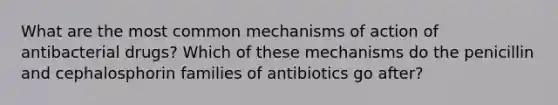 What are the most common mechanisms of action of antibacterial drugs? Which of these mechanisms do the penicillin and cephalosphorin families of antibiotics go after?