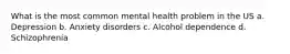 What is the most common mental health problem in the US a. Depression b. Anxiety disorders c. Alcohol dependence d. Schizophrenia