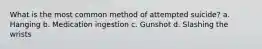 What is the most common method of attempted suicide? a. Hanging b. Medication ingestion c. Gunshot d. Slashing the wrists