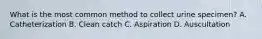 What is the most common method to collect urine specimen? A. Catheterization B. Clean catch C. Aspiration D. Auscultation