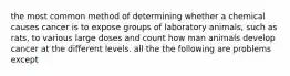 the most common method of determining whether a chemical causes cancer is to expose groups of laboratory animals, such as rats, to various large doses and count how man animals develop cancer at the different levels. all the the following are problems except