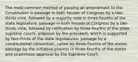 The most common method of passing an amendment to the Constitution is passage in both houses of Congress by a two-thirds vote, followed by a majority vote in three-fourths of the state legislature. passage in both houses of Congress by a two-thirds vote, followed by ratification by three-fourths of the state supreme courts. proposal by the president, which is supported by two-thirds of the state legislatures. passage by a constitutional convention, called by three-fourths of the states. passage by the initiative process in three-fourths of the states and unanimous approval by the Supreme Court.