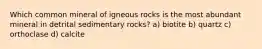 Which common mineral of igneous rocks is the most abundant mineral in detrital sedimentary rocks? a) biotite b) quartz c) orthoclase d) calcite